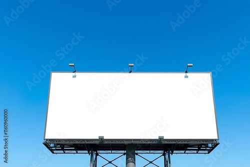 Blank Billboard Under Blue Sky: A towering blank billboard stands tall against a vibrant blue sky, ready to showcase your message. This versatile mockup is perfect for advertising, branding. photo