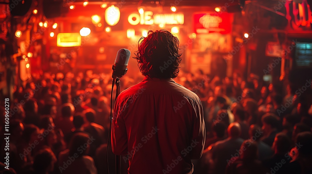 Obraz premium Singer performing on stage, crowd in background.