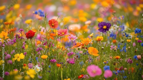 Fototapeta Naklejka Na Ścianę i Meble -  vibrant wildflower meadow bathed in golden morning sunlight with delicate dewdrops sparkling on petals, creating a dreamy natural background for spring or summer