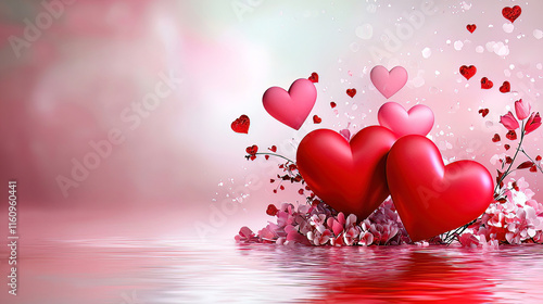 Valentine's Day is a romantic expression of love for your sweetheart. Romantic Red Hearts with Flowery Background and Bokeh