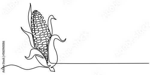 Maize ear in continuous line art drawing style. Corn cob black linear sketch isolated on white background. Vector illustration, Continuous one line drawing of corn icon in silhouette on a white back. 