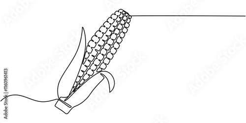 Maize ear in continuous line art drawing style. Corn cob black linear sketch isolated on white background. Vector illustration, Continuous one line drawing of corn icon in silhouette on a white back. 