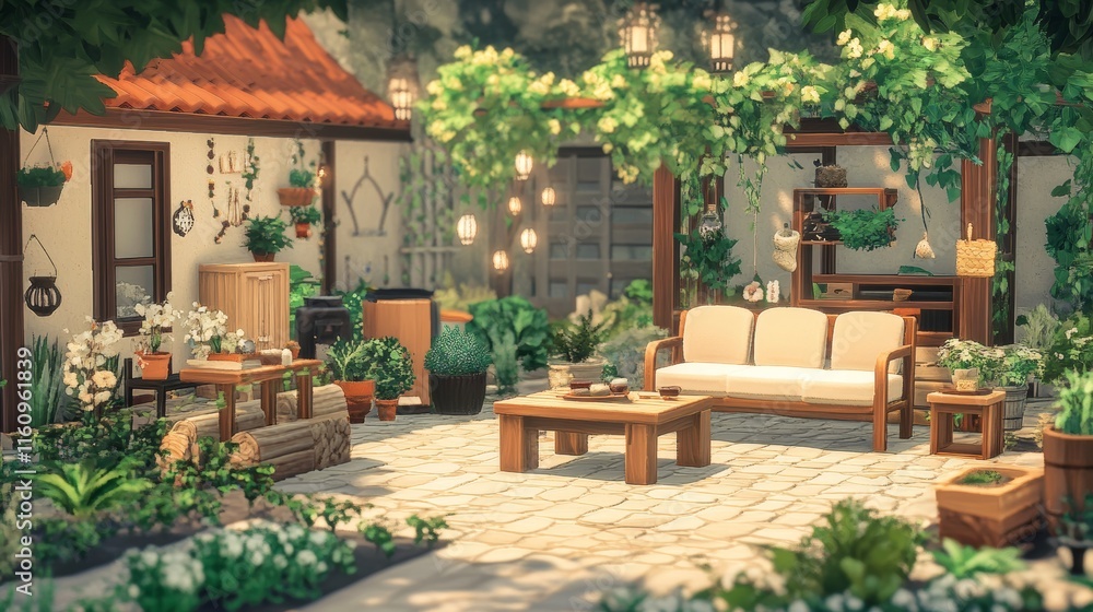Fototapeta premium Terrace house with plants, wooden wall and table, comfortable sofa, armchair and lanterns. Cozy space in patio or balcony. Wooden verande with garden furniture. Modern lounge outdoors in backyard. 