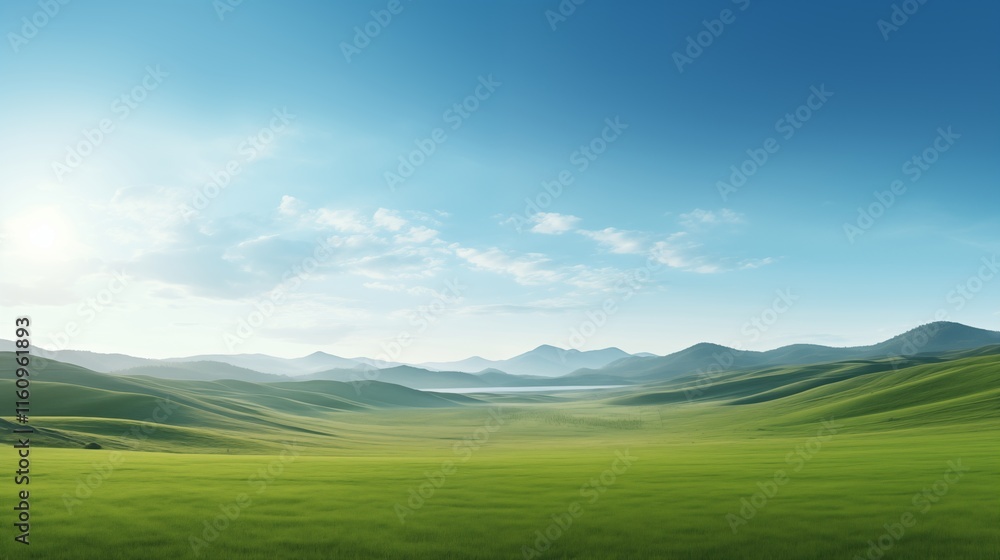 A vast open field with a clear sky and distant hills, hard light, space on the left for logo,generative ai illustration A vast open field with a clear sky and distant hills, hard light, space on the left for logo,generative ai illustration