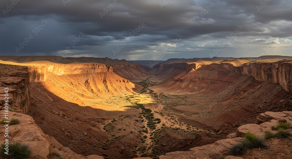 Fototapeta premium Dramatic canyon landscape. Red rocks and desert valley. Storm clouds and sunlight. Mountain shadows.
