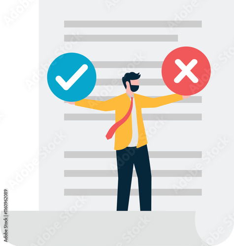 people hiding behind paper with yes or no options, a metaphor for terms and conditions. Simple flat conceptual illustration.

