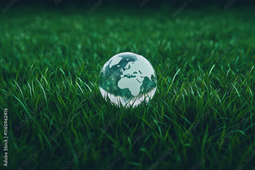 Glass globe resting on fresh green grass in natural environment Glass globe resting on fresh green grass in natural environment