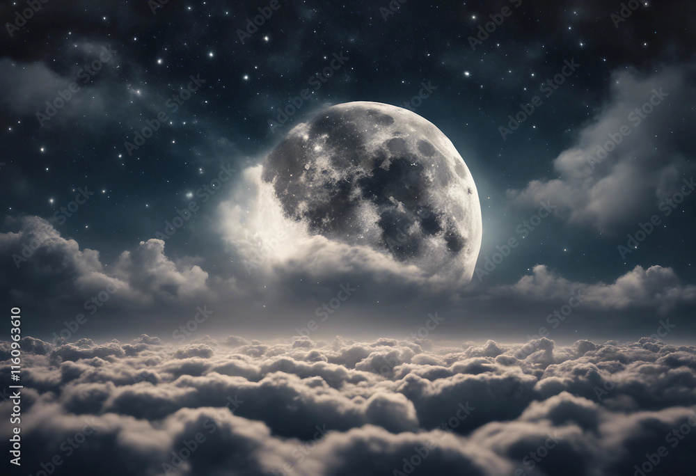 Romantic Moon In Starry Night Over Clouds Romantic Moon In Starry Night Over Clouds