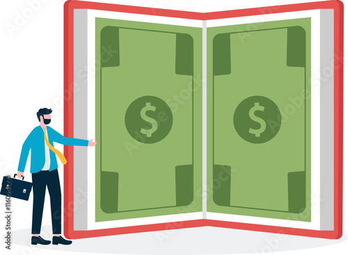 person standing in front of books, money and graduation cap, metaphor of educational scholarship.

