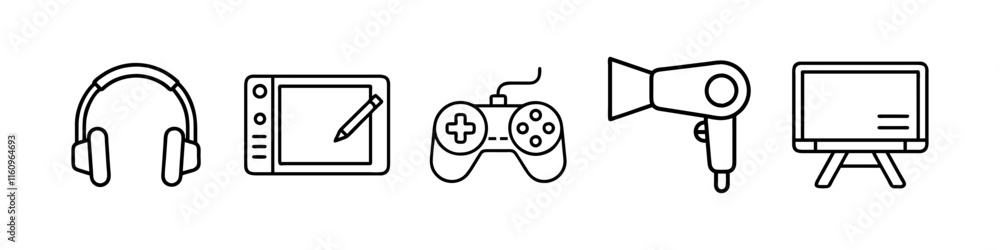 Line Icons of Tech Gadgets and Personal Devices - Minimalistic line icons showcasing gadgets, including headphones, a drawing tablet, game controller, hairdryer, and digital display, perfect for tech Line Icons of Tech Gadgets and Personal Devices - Minimalistic line icons showcasing gadgets, including headphones, a drawing tablet, game controller, hairdryer, and digital display, perfect for tech