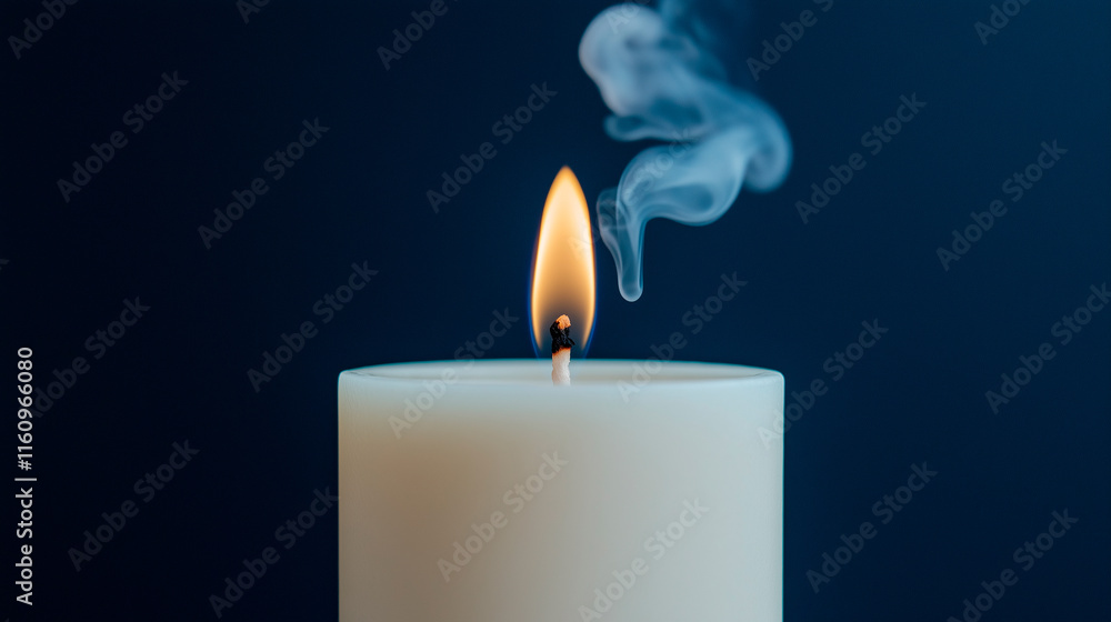 Lit Candle with Smoke Against Dark Blue Background Lit Candle with Smoke Against Dark Blue Background