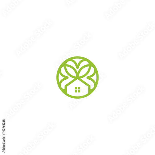 house garden organic logo. minimalist house. abstract home icon. green. eco friendly. living garden. harmony circle shape