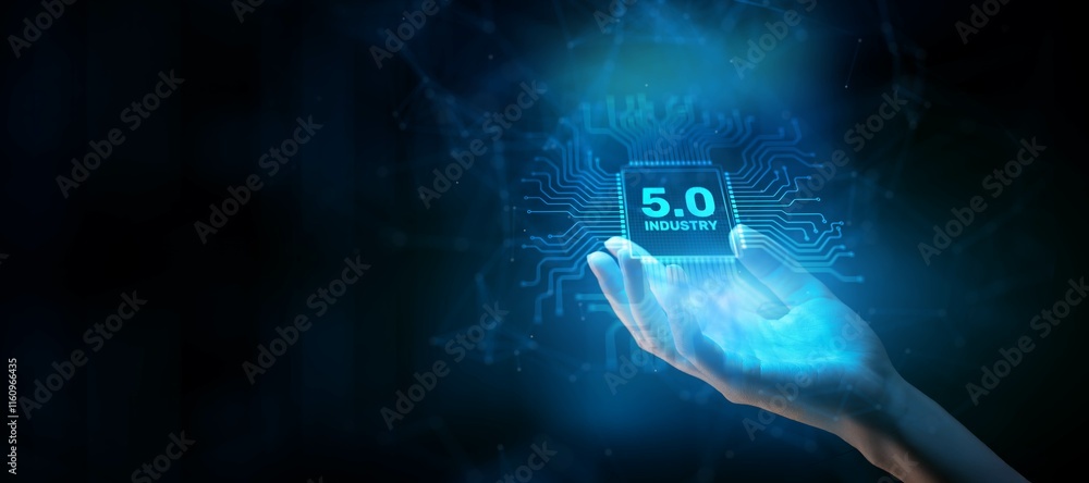 Obraz premium Industry 5.0 Concept: Human-Centric Manufacturing Illustrated on a Processor Touched by a Human Hand.