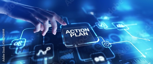 Bilde på lerret Action Plan Strategic Planning and Goal Setting, projection on a virtual screen, Business and Technology Concept