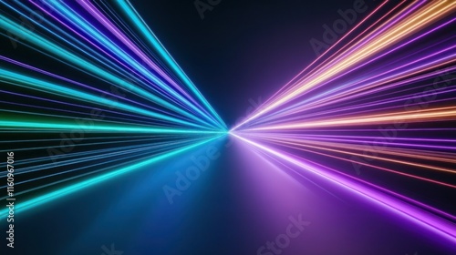 Vibrant light beams converging in a dark space.