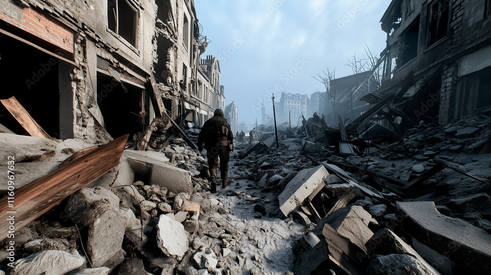 Soldier Walking Through Bomb-Damaged City Street Soldier Walking Through Bomb-Damaged City Street