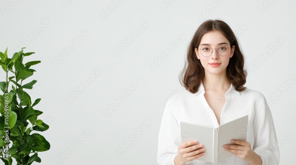 A young woman reading a book beside a green plant. A young woman reading a book beside a green plant.