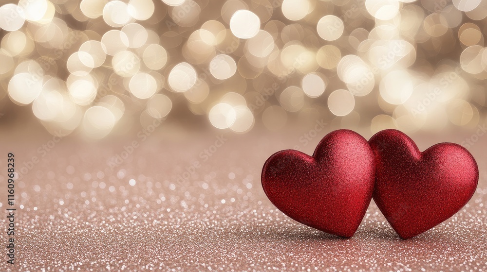 Two shiny red hearts are positioned against a beautiful pink glitter bokeh backdrop, perfect for expressing love on Valentine's Day Two shiny red hearts are positioned against a beautiful pink glitter bokeh backdrop, perfect for expressing love on Valentine's Day