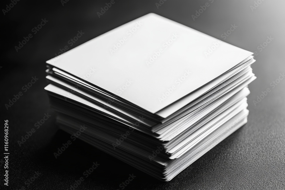 Blank sheets of paper stacked neatly on a black surface, ready for creative use or printing tasks Blank sheets of paper stacked neatly on a black surface, ready for creative use or printing tasks