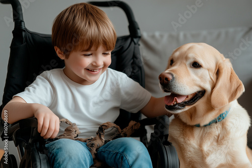 Young blind Boy  in Wheelchair with Golden Retriever Dog