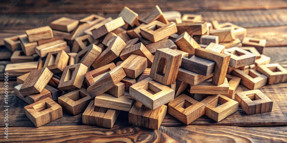 A Scattered Collection of Wooden Blocks With Intricate Cutouts, Creating a Compelling Puzzle of Geometric Shapes and Interlocking Designs A Scattered Collection of Wooden Blocks With Intricate Cutouts, Creating a Compelling Puzzle of Geometric Shapes and Interlocking Designs