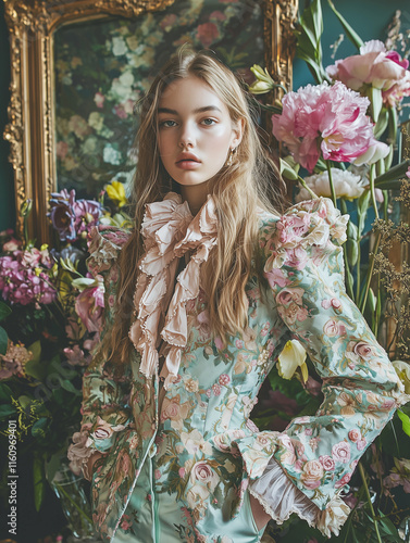 A fashion portrait of a model in a pastel brocade jacket with puffed sleeves photo