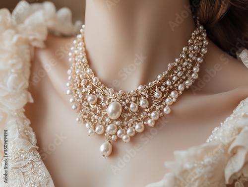 necklace featuring pearls and gold filigree, worn over a textured satin gown in a soft blush color photo