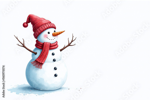 snowman wears scarf hat watercolor artwork white background festive holiday greeting card photo