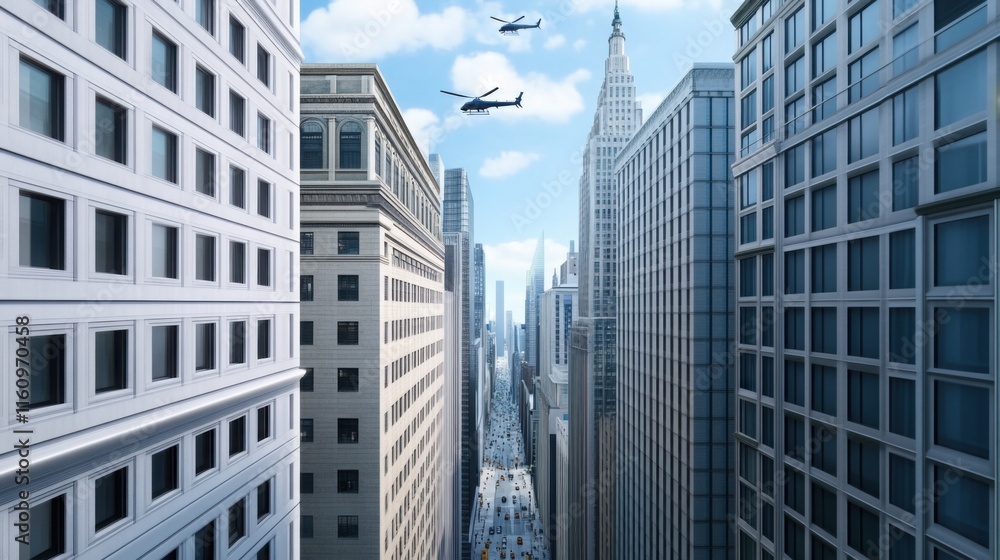 Obraz premium a rooftop view of a busy financial district, with workers walking between buildings