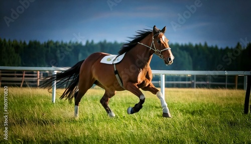 a horse is running in a horse race, the life of the farm, horses during training and competition  photo