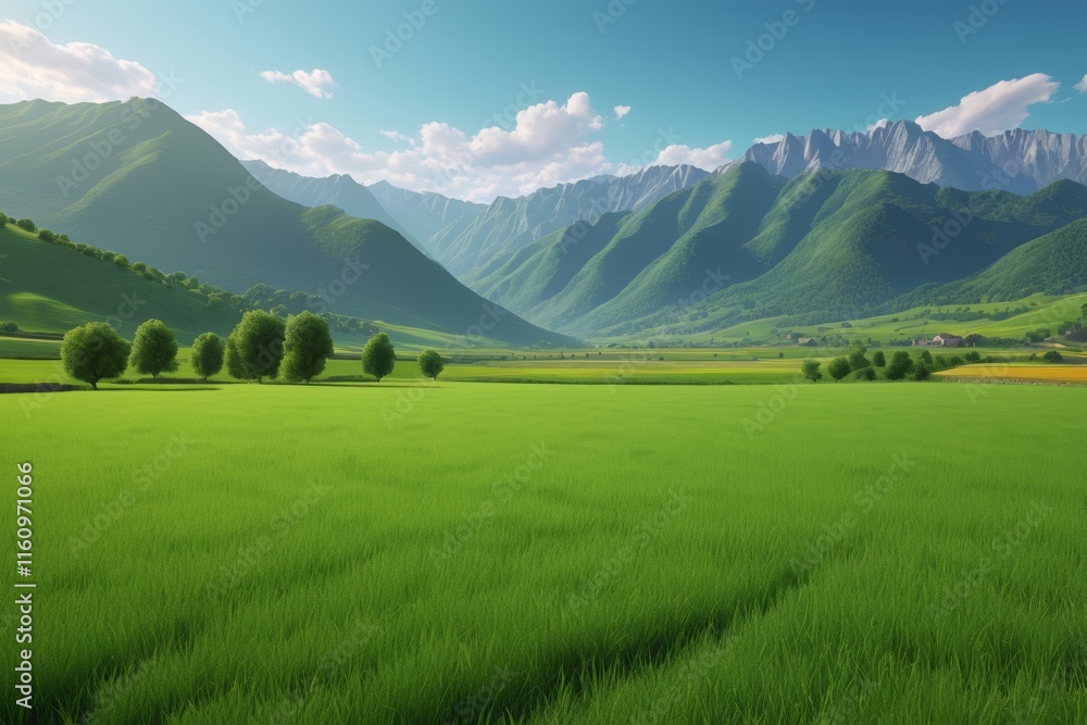 there is a green field with trees and mountains in the background there is a green field with trees and mountains in the background