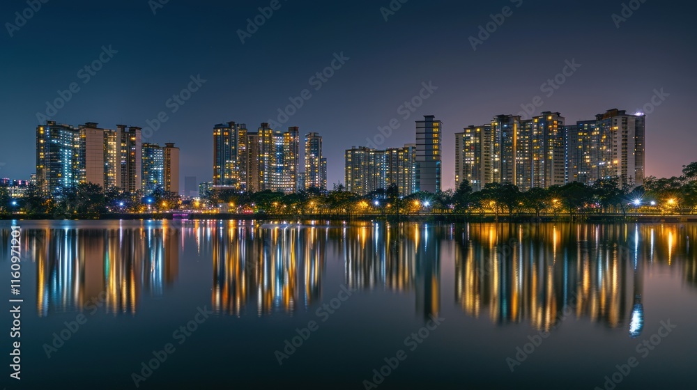 Obraz premium City buildings at night reflect on calm water.