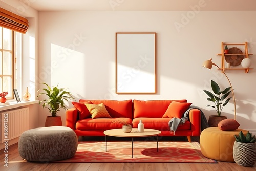 Cozy Living Room with Red Sofa and Mockup Poster 