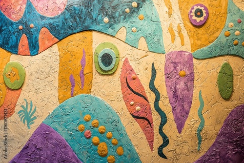 Colorful mud pottery mural covering a wall, with lively and abstract patterns. photo