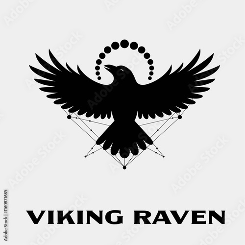 Abstract viking circle rune symbol with black ink blots raven silhouette isolated on white background