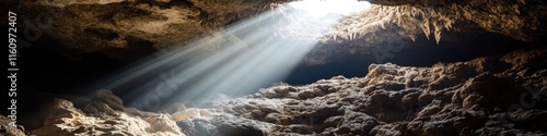 Sunlight pierces through cave cracks, illuminating rugged textur photo