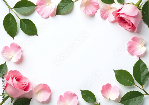 Wallpaper Mural soft pink rose petals green leaves white background beautiful Torontodigital.ca