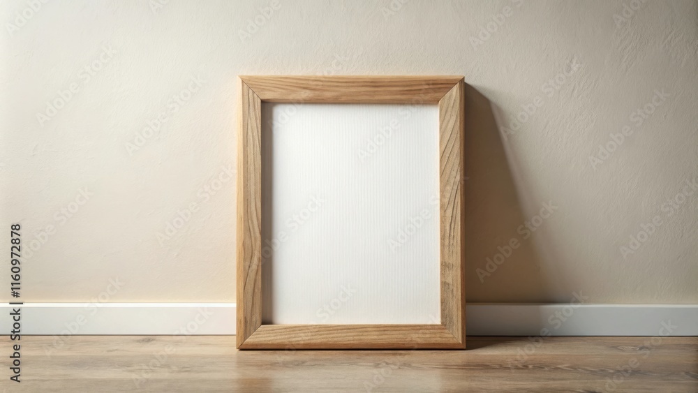 A Blank Wooden Frame Leans Against a Light Beige Wall, Ready to Be Filled with Your Favorite Memories A Blank Wooden Frame Leans Against a Light Beige Wall, Ready to Be Filled with Your Favorite Memories