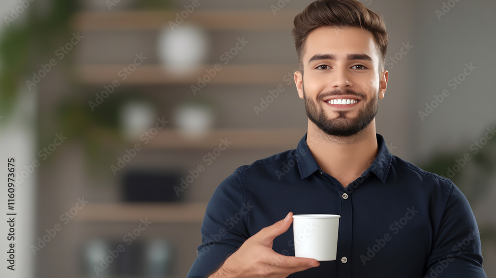 Smiling Man Holding Blank Coffee Cup Mockup Photo: Close-up. AI Generated Smiling Man Holding Blank Coffee Cup Mockup Photo: Close-up. AI Generated