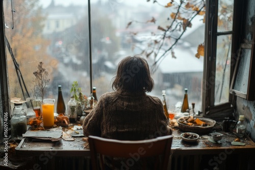 A powerful contrast between a lavish party indoors and a beggar sitting on the street just outside the window photo