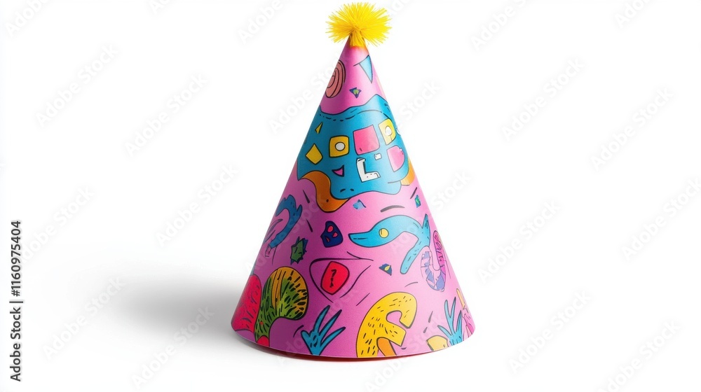 A colorful party hat featuring playful illustrations and a bright pom-pom, perfect for celebrations and festivities. A colorful party hat featuring playful illustrations and a bright pom-pom, perfect for celebrations and festivities.