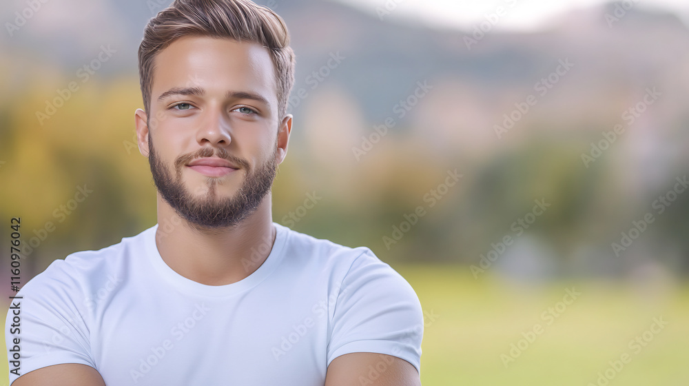 Fototapeta premium Close-up Photo: Confidently Smiling Man Outdoors in a Serene Park Setting. AI Generated