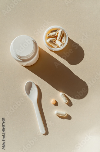 White supplement bottle with white cap laying on a beige table next to two pills and a spoon, top view, product photography.