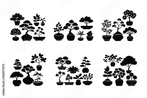 Bonsai (Various species) design, labeled silhouette vector art illustration.