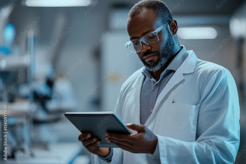 Scientist analyzes data on tablet, showcasing advanced technolog Scientist analyzes data on tablet, showcasing advanced technolog