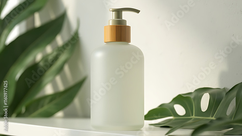 Frosted Glass Bottle of Facial Wash with Bamboo Pump - Natural Skincare Mockup on Leafy Background photo