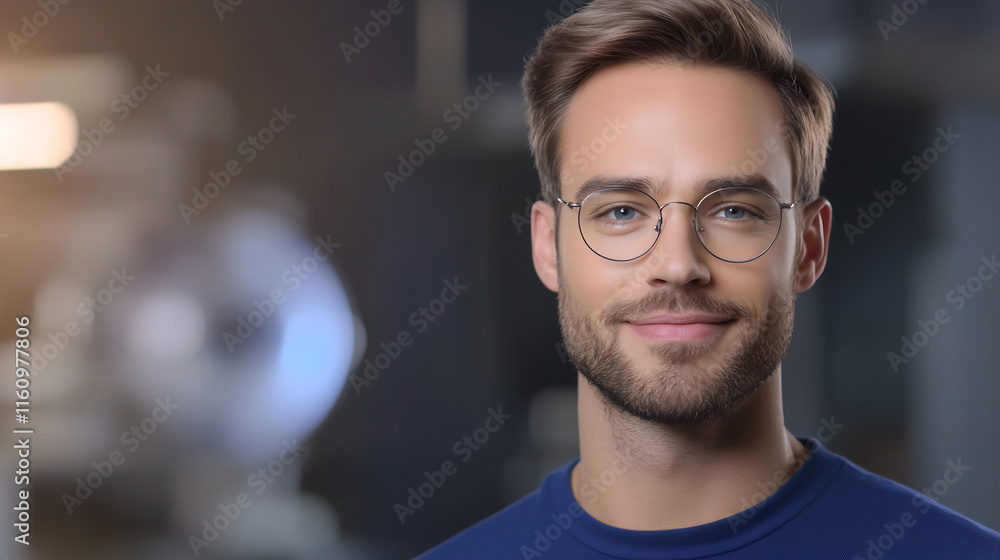 Obraz premium Close-up Photo: Smiling Man with Glasses, Softly Lit Studio Portrait. AI Generated