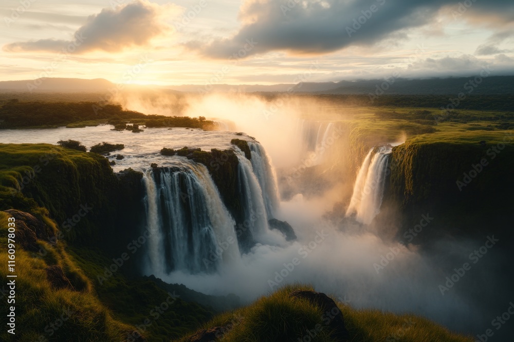 A serene evening scene of Iguazú Falls, with soft light and shadows creating a tranquil, dreamlike atmosphere A serene evening scene of Iguazú Falls, with soft light and shadows creating a tranquil, dreamlike atmosphere