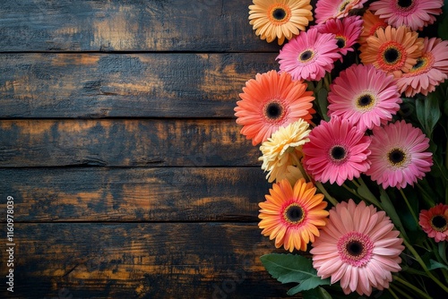 Colorful gerbera daisies arranged on a wooden surface, brightening up the space for decoration or celebration