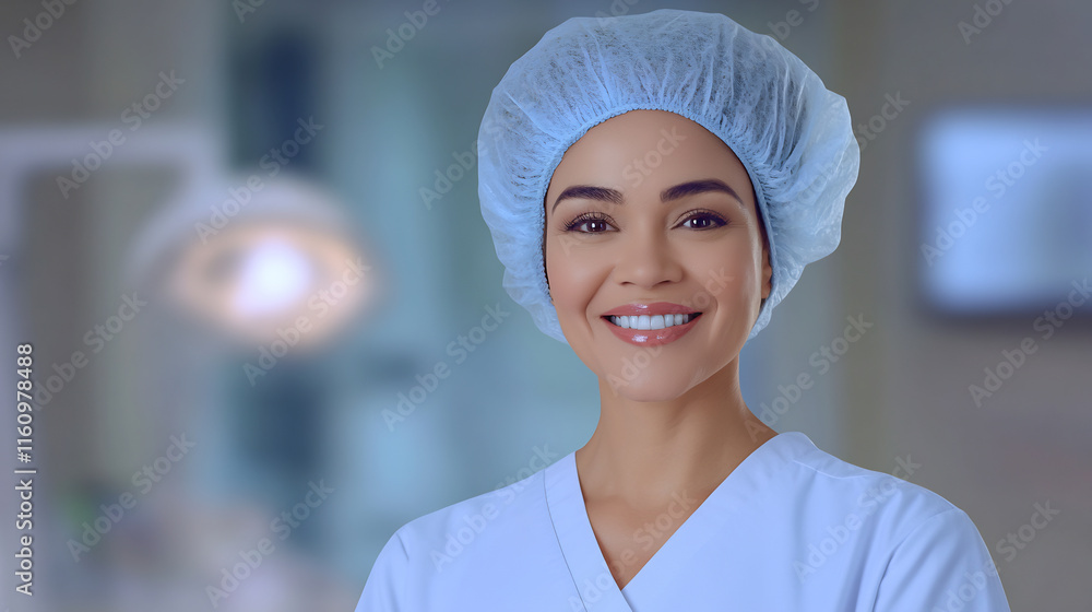 Smiling Female Surgeon Close-Up Photo: Confidently Posing in Modern Hospital. AI Generated Smiling Female Surgeon Close-Up Photo: Confidently Posing in Modern Hospital. AI Generated